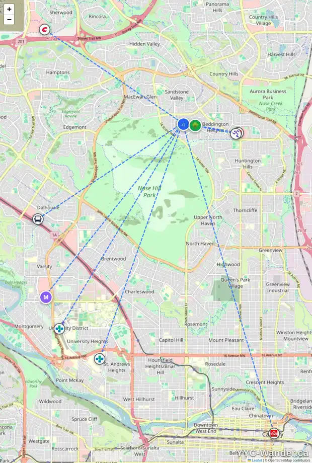 Daily accessibility map for 12 BEACHAM WY NW, Calgary showing nearby schools, grocery stores, parks, LRT stations and nearby amenities