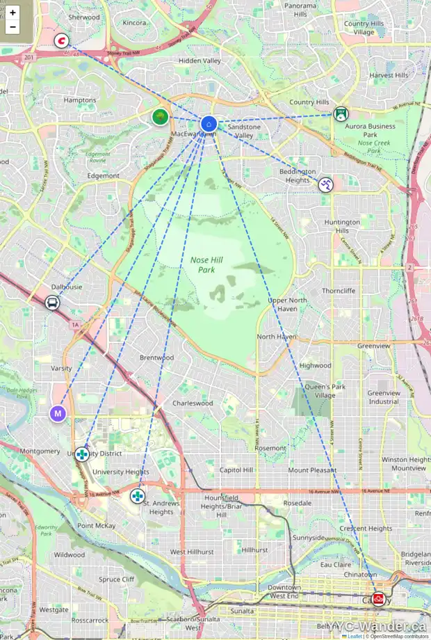 Daily accessibility map for 55 MACEWAN MEADOW RI NW, Calgary showing nearby schools, grocery stores, parks, LRT stations and nearby amenities