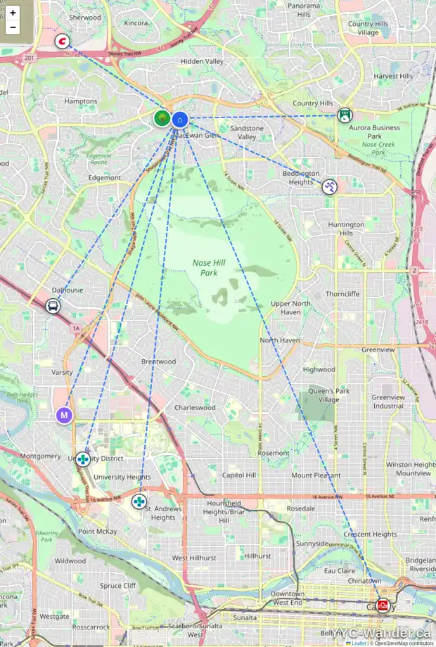 Daily accessibility map for 33 MACEWAN RIDGE CI NW, Calgary showing nearby schools, grocery stores, parks, LRT stations and nearby amenities