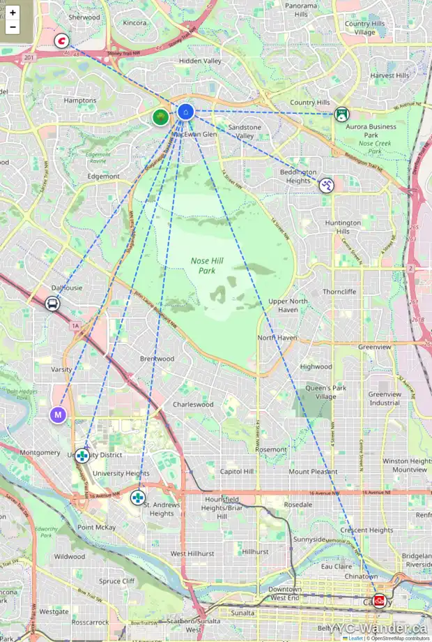 Daily accessibility map for 236 MACEWAN RIDGE CL NW, Calgary showing nearby schools, grocery stores, parks, LRT stations and nearby amenities