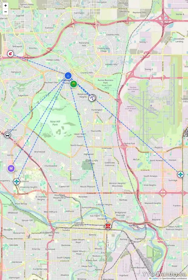 Daily accessibility map for 99 SANDERLING CL NW, Calgary showing nearby schools, grocery stores, parks, LRT stations and nearby amenities