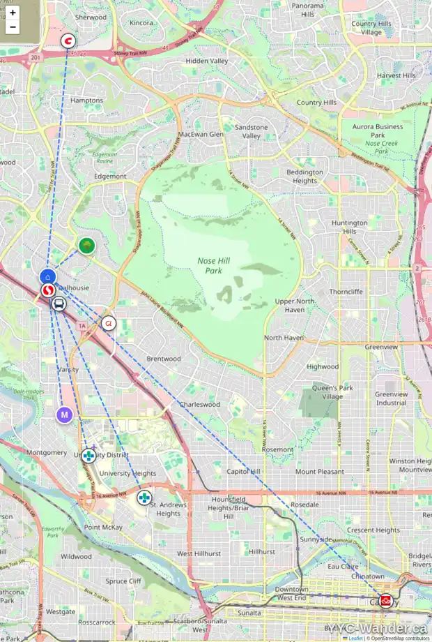 Daily accessibility map for 5 5400 DALHOUSIE DR NW, Calgary showing nearby schools, grocery stores, parks, LRT stations and nearby amenities
