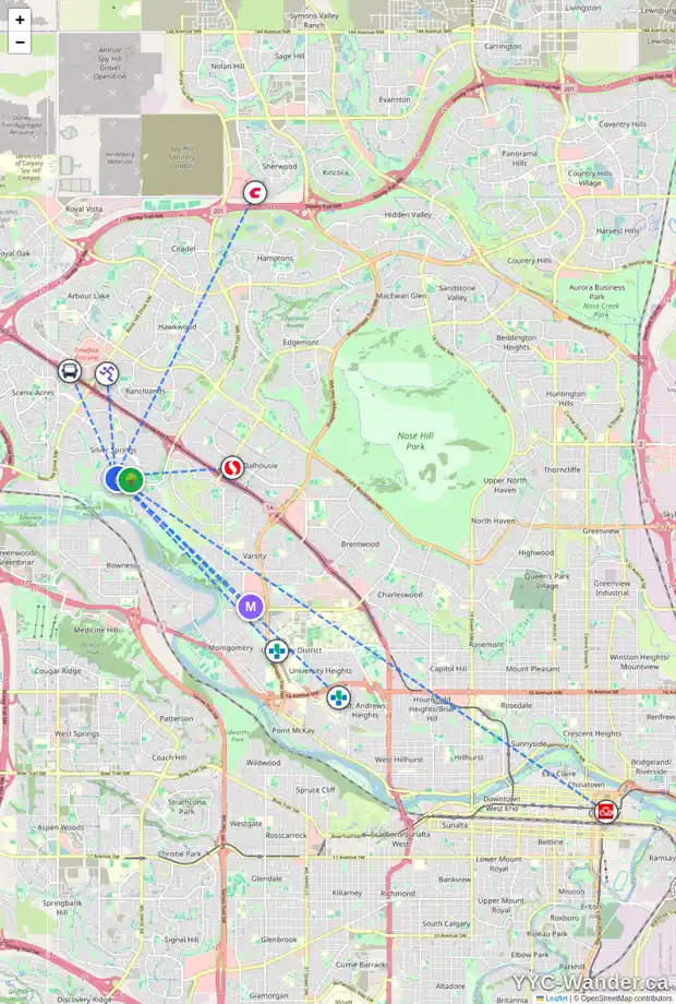 Daily accessibility map for 151 SILVER RIDGE CL NW, Calgary showing nearby schools, grocery stores, parks, LRT stations and nearby amenities