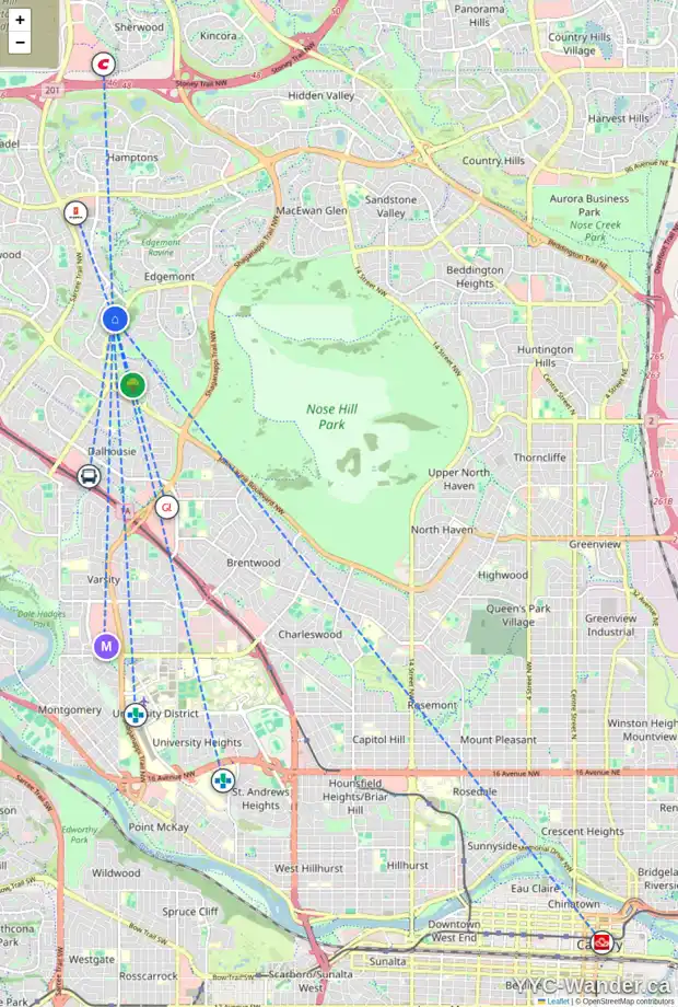 Daily accessibility map for 26 EDGEWOOD RI NW, Calgary showing nearby schools, grocery stores, parks, LRT stations and nearby amenities