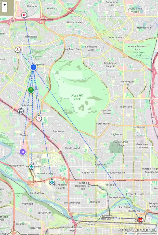 Daily accessibility map for 73 EDGEVIEW RD NW, Calgary showing nearby schools, grocery stores, parks, LRT stations and nearby amenities