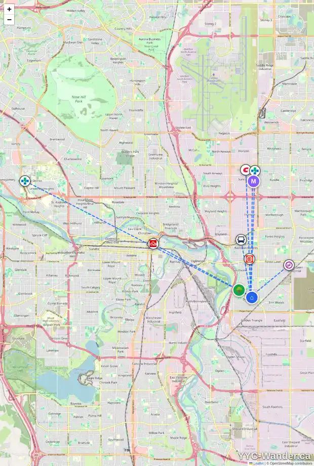 Daily accessibility map for 3431 35 AV SE, Calgary showing nearby schools, grocery stores, parks, LRT stations and nearby amenities