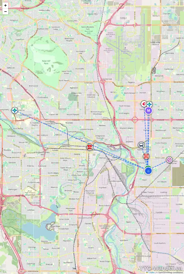 Daily accessibility map for 3020 32A ST SE, Calgary showing nearby schools, grocery stores, parks, LRT stations and nearby amenities