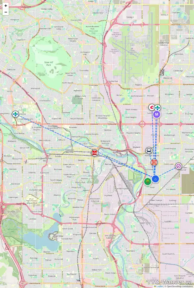 Daily accessibility map for 3050 31A ST SE, Calgary showing nearby schools, grocery stores, parks, LRT stations and nearby amenities