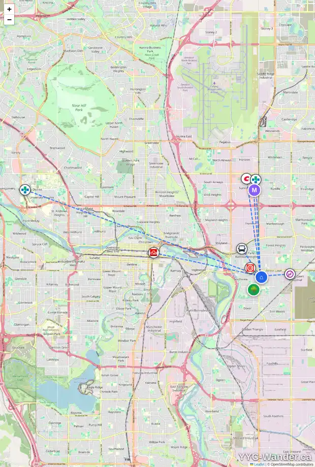 Daily accessibility map for 2027 37 ST SE, Calgary showing nearby schools, grocery stores, parks, LRT stations and nearby amenities