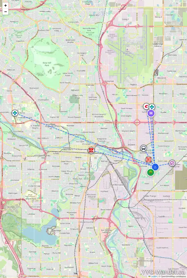 Daily accessibility map for 2227 37 ST SE, Calgary showing nearby schools, grocery stores, parks, LRT stations and nearby amenities
