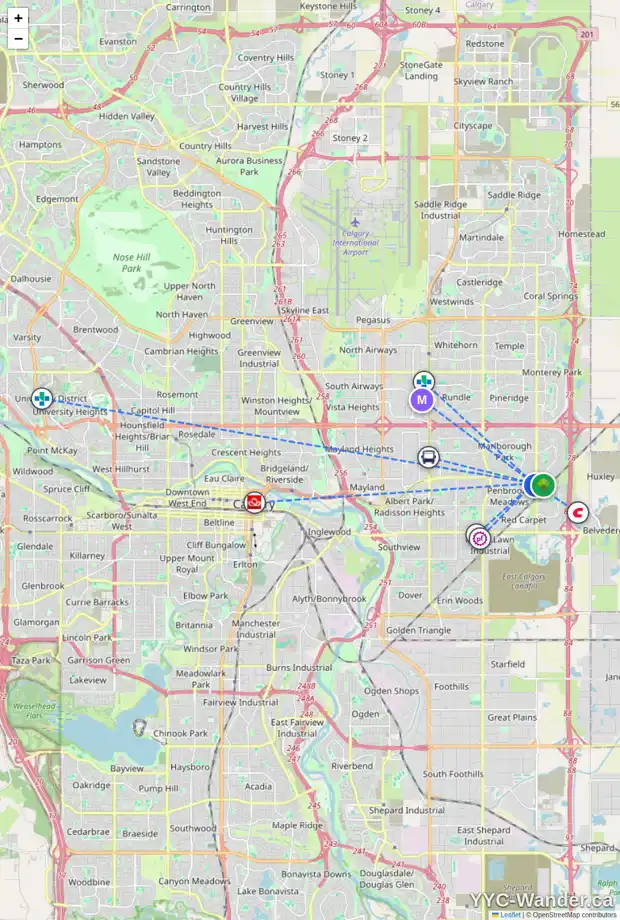 Daily accessibility map for 452 PENSWOOD RD SE, Calgary showing nearby schools, grocery stores, parks, LRT stations and nearby amenities