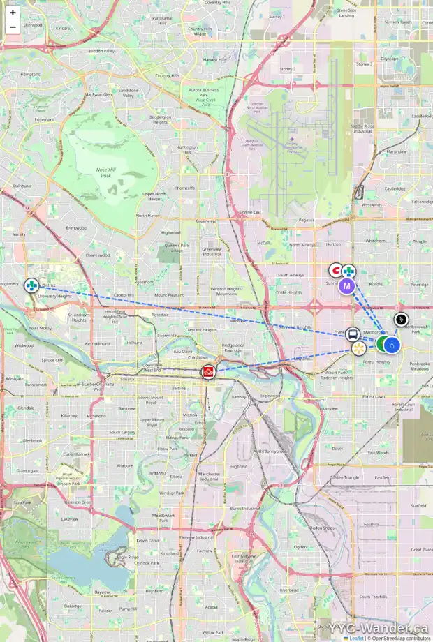 Daily accessibility map for 39 MARBROOKE CI NE, Calgary showing nearby schools, grocery stores, parks, LRT stations and nearby amenities