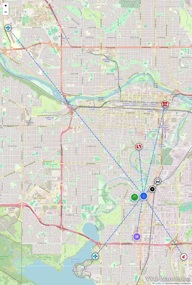 Daily accessibility map for 336 46 AV SW, Calgary showing nearby schools, grocery stores, parks, LRT stations and nearby amenities