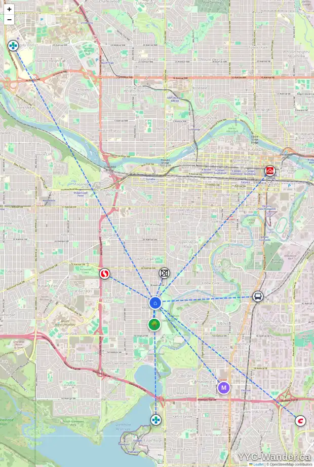 Daily accessibility map for 4224 15A ST SW, Calgary showing nearby schools, grocery stores, parks, LRT stations and nearby amenities