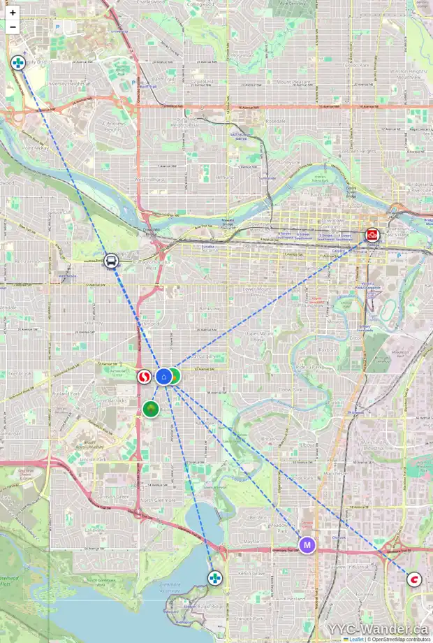 Daily accessibility map for 2143 34 AV SW, Calgary showing nearby schools, grocery stores, parks, LRT stations and nearby amenities