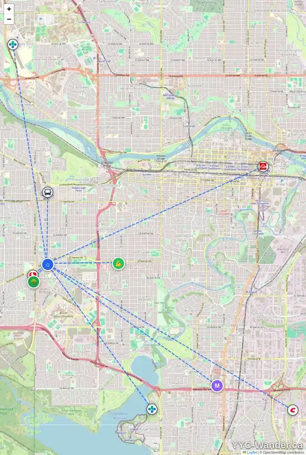 Daily accessibility map for 3424 34 AV SW, Calgary showing nearby schools, grocery stores, parks, LRT stations and nearby amenities