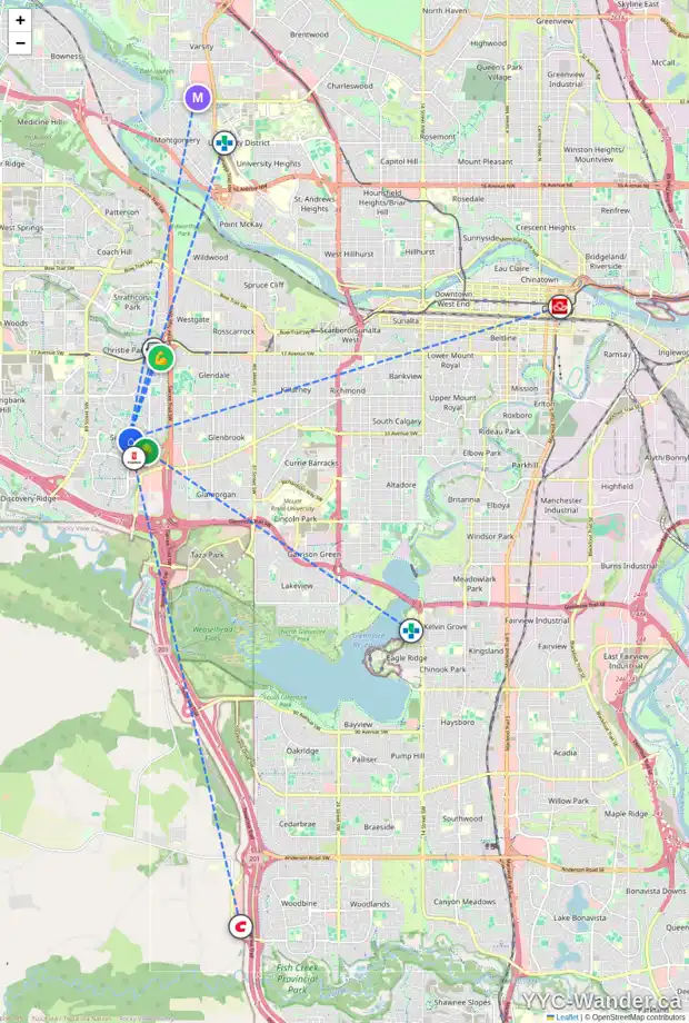 Daily accessibility map for 333 SIGNAL HILL PT SW, Calgary showing nearby schools, grocery stores, parks, LRT stations and nearby amenities