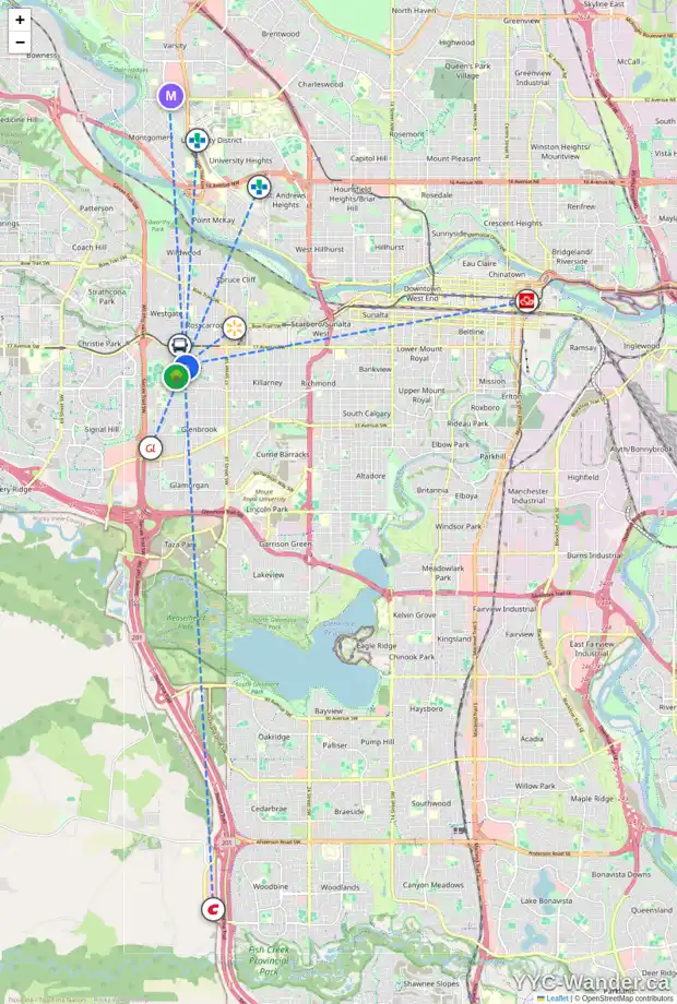 Daily accessibility map for 4604 GROVE HILL RD SW, Calgary showing nearby schools, grocery stores, parks, LRT stations and nearby amenities
