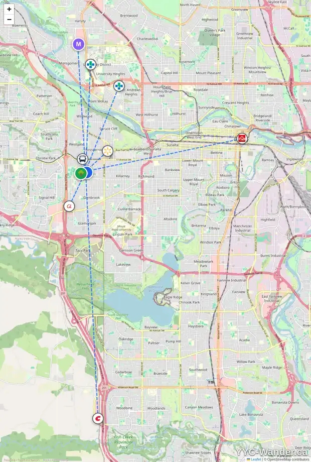 Daily accessibility map for 2212 45 ST SW, Calgary showing nearby schools, grocery stores, parks, LRT stations and nearby amenities