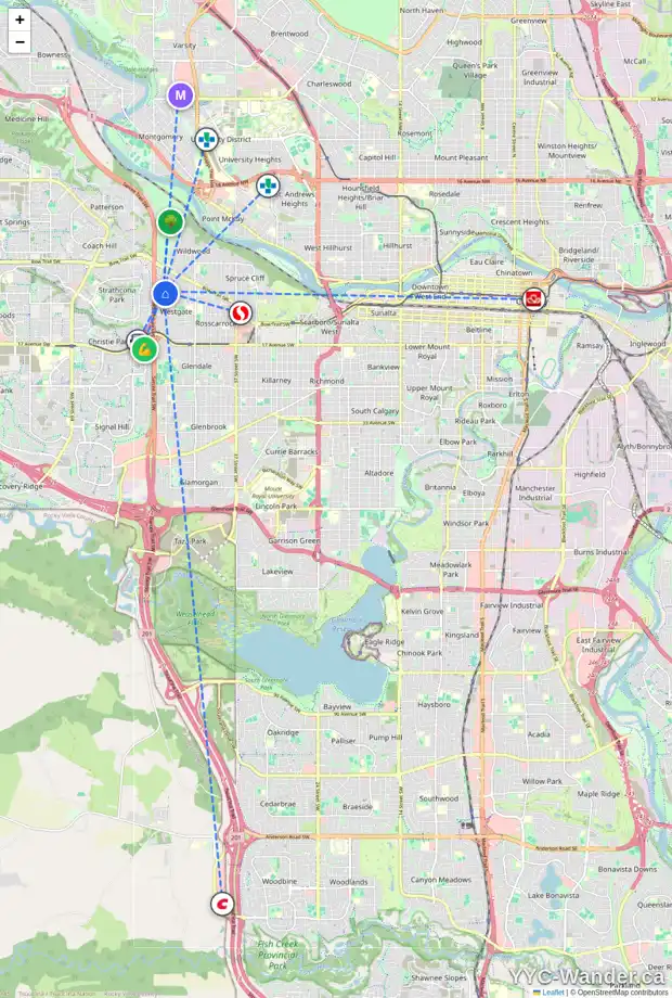 Daily accessibility map for 154 WESTOVER DR SW, Calgary showing nearby schools, grocery stores, parks, LRT stations and nearby amenities