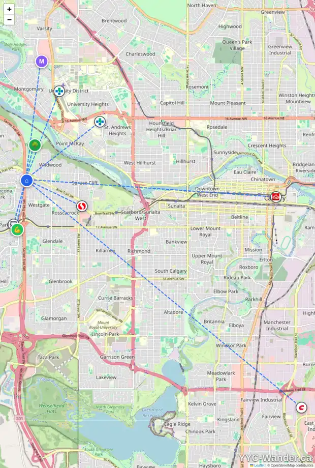 Daily accessibility map for 32 WINSTON DR SW, Calgary showing nearby schools, grocery stores, parks, LRT stations and nearby amenities