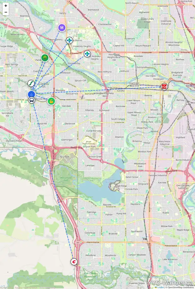Daily accessibility map for 232 CHRISTIE KNOLL PT SW, Calgary showing nearby schools, grocery stores, parks, LRT stations and nearby amenities