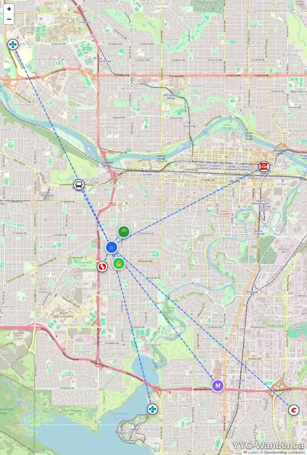 Daily accessibility map for 2227 29 AV SW, Calgary showing nearby schools, grocery stores, parks, LRT stations and nearby amenities
