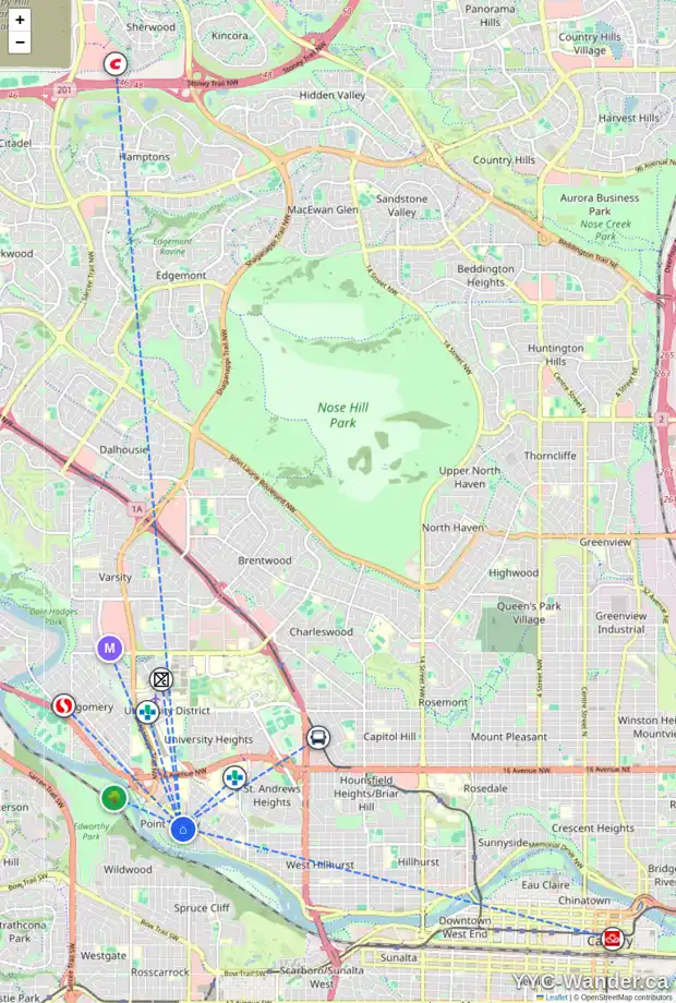 Daily accessibility map for 252 POINT MCKAY TC NW, Calgary showing nearby schools, grocery stores, parks, LRT stations and nearby amenities