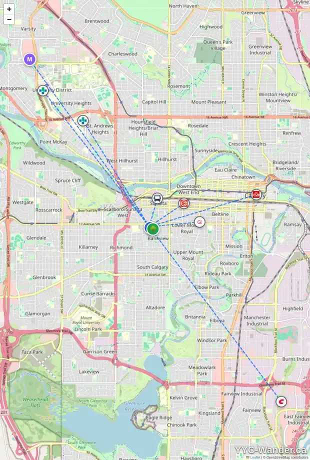 Daily accessibility map for 2 1817 17A ST SW, Calgary showing nearby schools, grocery stores, parks, LRT stations and nearby amenities
