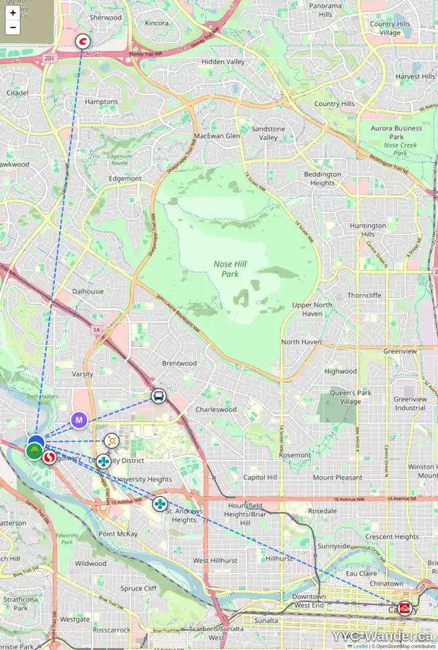 Daily accessibility map for 20 BOW LD NW, Calgary showing nearby schools, grocery stores, parks, LRT stations and nearby amenities