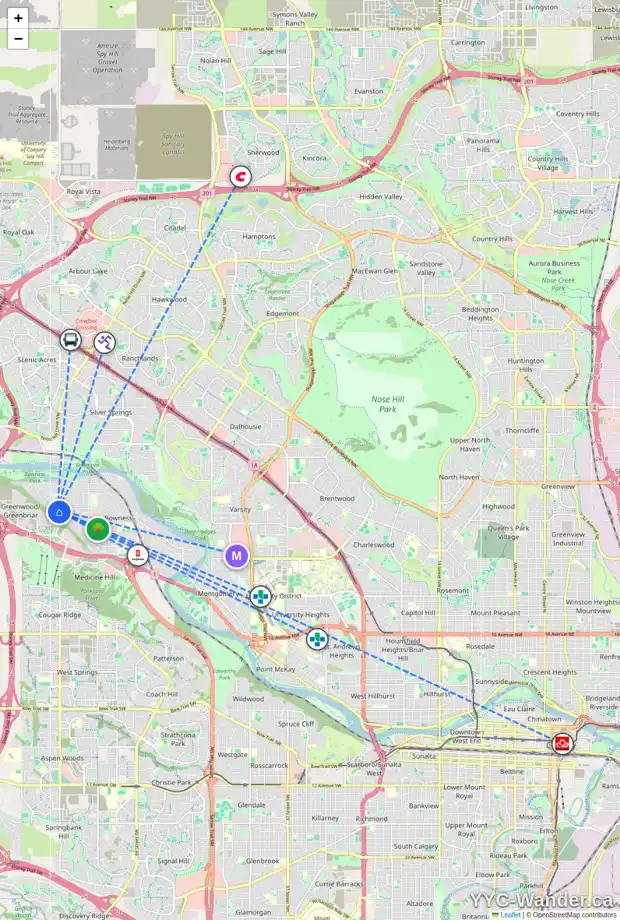 Daily accessibility map for 8559 34 AV NW, Calgary showing nearby schools, grocery stores, parks, LRT stations and nearby amenities