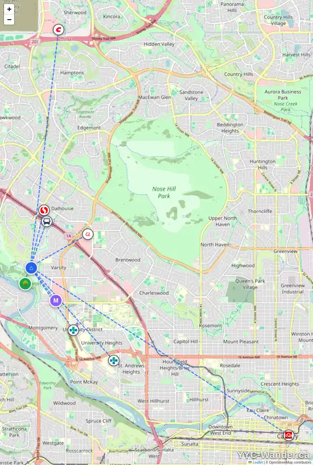 Daily accessibility map for 332 VARSITY CL NW, Calgary showing nearby schools, grocery stores, parks, LRT stations and nearby amenities