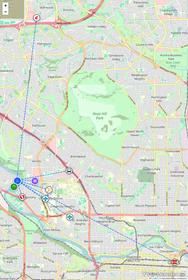 Daily accessibility map for 5904 BOWWATER CR NW, Calgary showing nearby schools, grocery stores, parks, LRT stations and nearby amenities