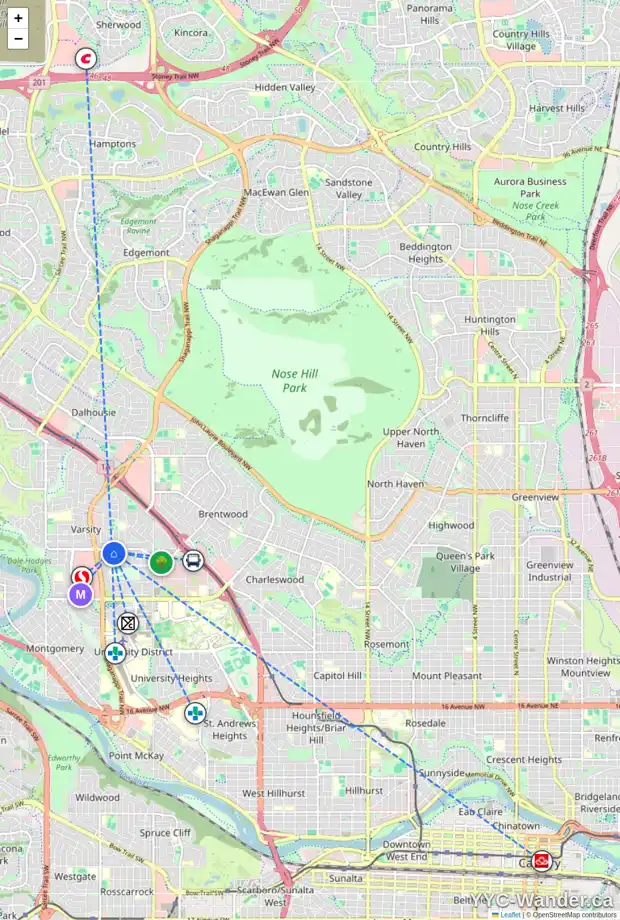 Daily accessibility map for 14 VARSHAVEN PL NW, Calgary showing nearby schools, grocery stores, parks, LRT stations and nearby amenities