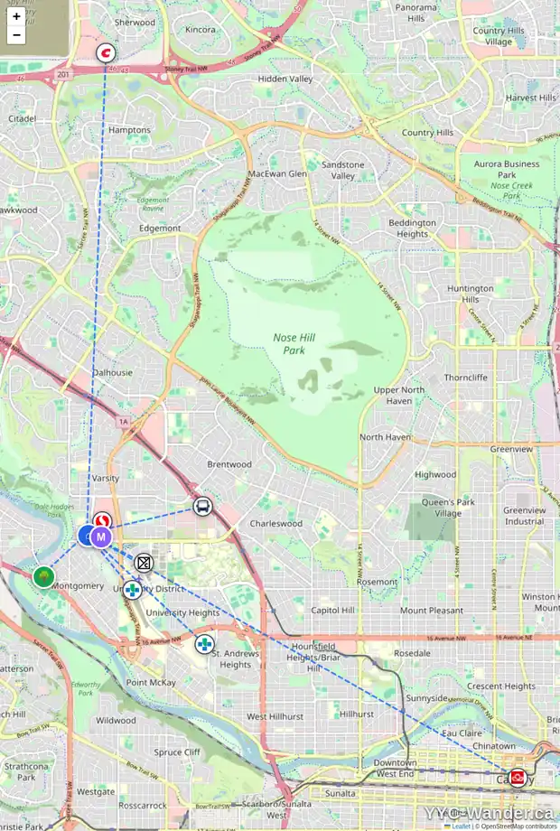Daily accessibility map for 3407 50 ST NW, Calgary showing nearby schools, grocery stores, parks, LRT stations and nearby amenities