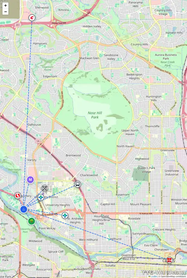 Daily accessibility map for 4602 MONTGOMERY AV NW, Calgary showing nearby schools, grocery stores, parks, LRT stations and nearby amenities