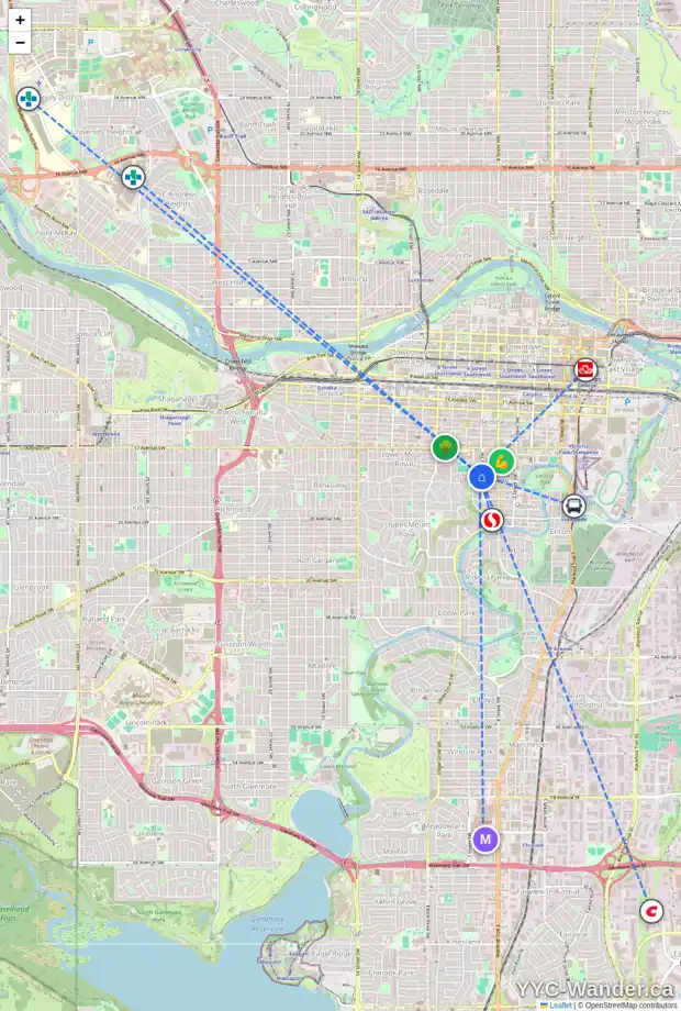 Daily accessibility map for 1933 5 ST SW, Calgary showing nearby schools, grocery stores, parks, LRT stations and nearby amenities