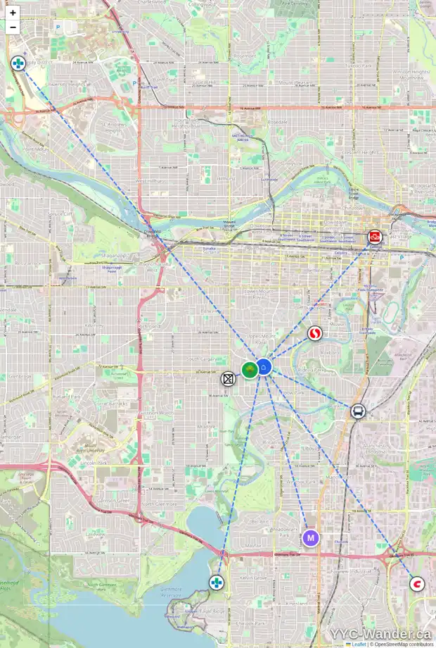 Daily accessibility map for 1010 32 AV SW, Calgary showing nearby schools, grocery stores, parks, LRT stations and nearby amenities