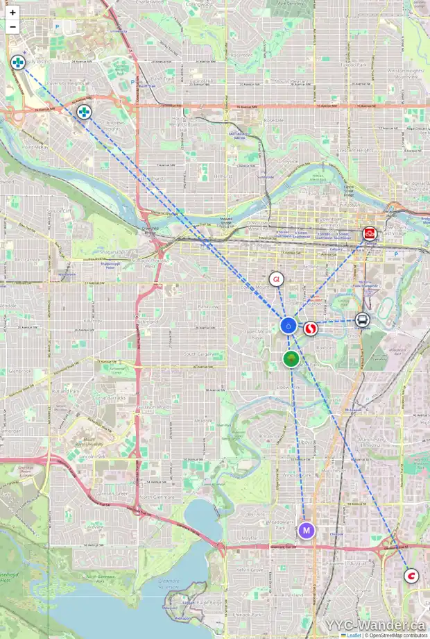 Daily accessibility map for 707 HILLCREST AV SW, Calgary showing nearby schools, grocery stores, parks, LRT stations and nearby amenities