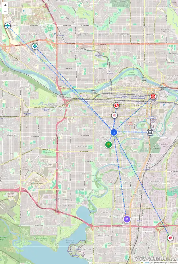 Daily accessibility map for 855 PROSPECT AV SW, Calgary showing nearby schools, grocery stores, parks, LRT stations and nearby amenities
