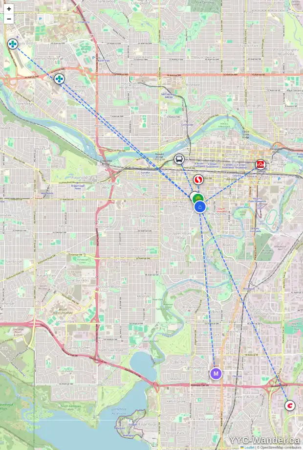 Daily accessibility map for 810 19 AV SW, Calgary showing nearby schools, grocery stores, parks, LRT stations and nearby amenities