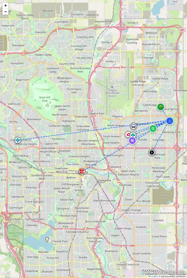 Daily accessibility map for 158 SARATOGA CL NE, Calgary showing nearby schools, grocery stores, parks, LRT stations and nearby amenities