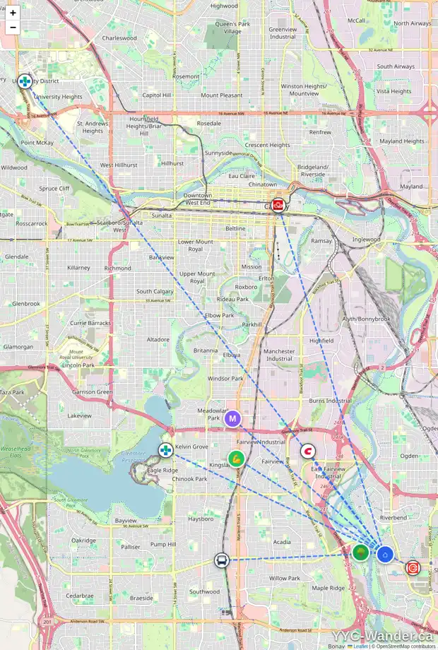 Daily accessibility map for 227 RIVERVIEW CI SE, Calgary showing nearby schools, grocery stores, parks, LRT stations and nearby amenities