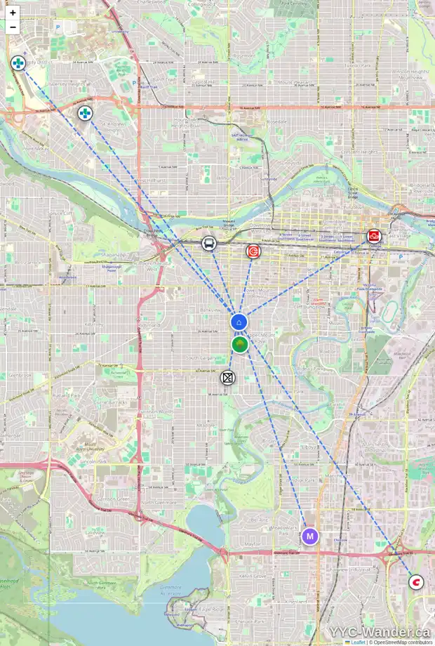 Daily accessibility map for 1317 PROSPECT AV SW, Calgary showing nearby schools, grocery stores, parks, LRT stations and nearby amenities