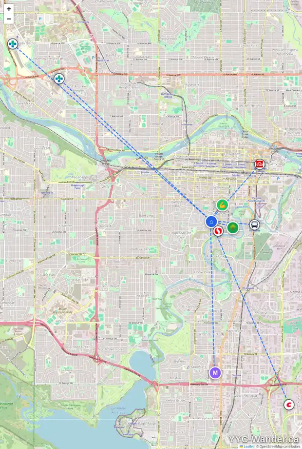 Daily accessibility map for 622 23 AV SW, Calgary showing nearby schools, grocery stores, parks, LRT stations and nearby amenities