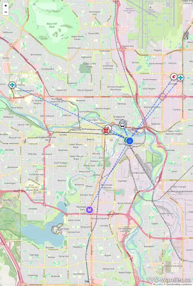 Daily accessibility map for 1313 10 AV SE, Calgary showing nearby schools, grocery stores, parks, LRT stations and nearby amenities