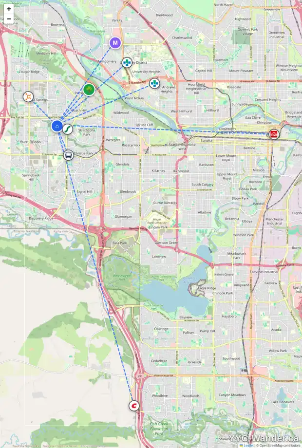 Daily accessibility map for 51 STRATHRIDGE GD SW, Calgary showing nearby schools, grocery stores, parks, LRT stations and nearby amenities