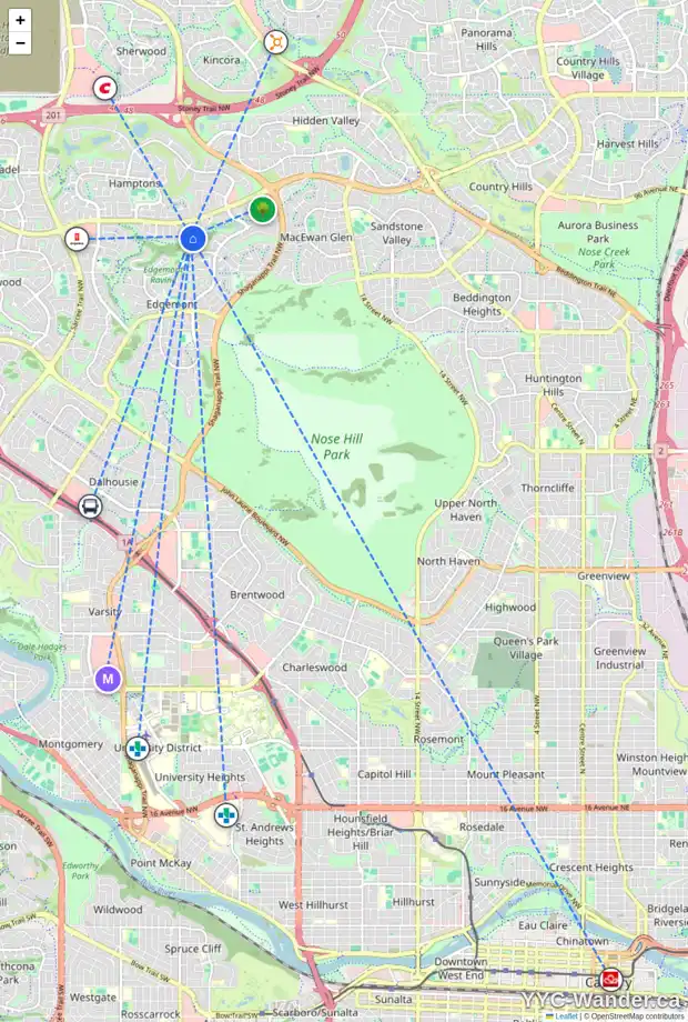 Daily accessibility map for 107 EDGERIDGE PA NW, Calgary showing nearby schools, grocery stores, parks, LRT stations and nearby amenities