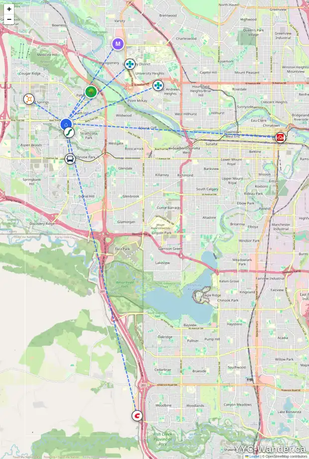 Daily accessibility map for 151 STRATHRIDGE CL SW, Calgary showing nearby schools, grocery stores, parks, LRT stations and nearby amenities