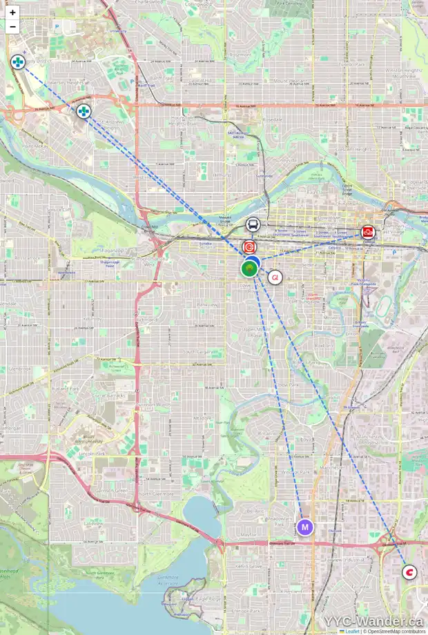 Daily accessibility map for 106 1123 13 AV SW, Calgary showing nearby schools, grocery stores, parks, LRT stations and nearby amenities